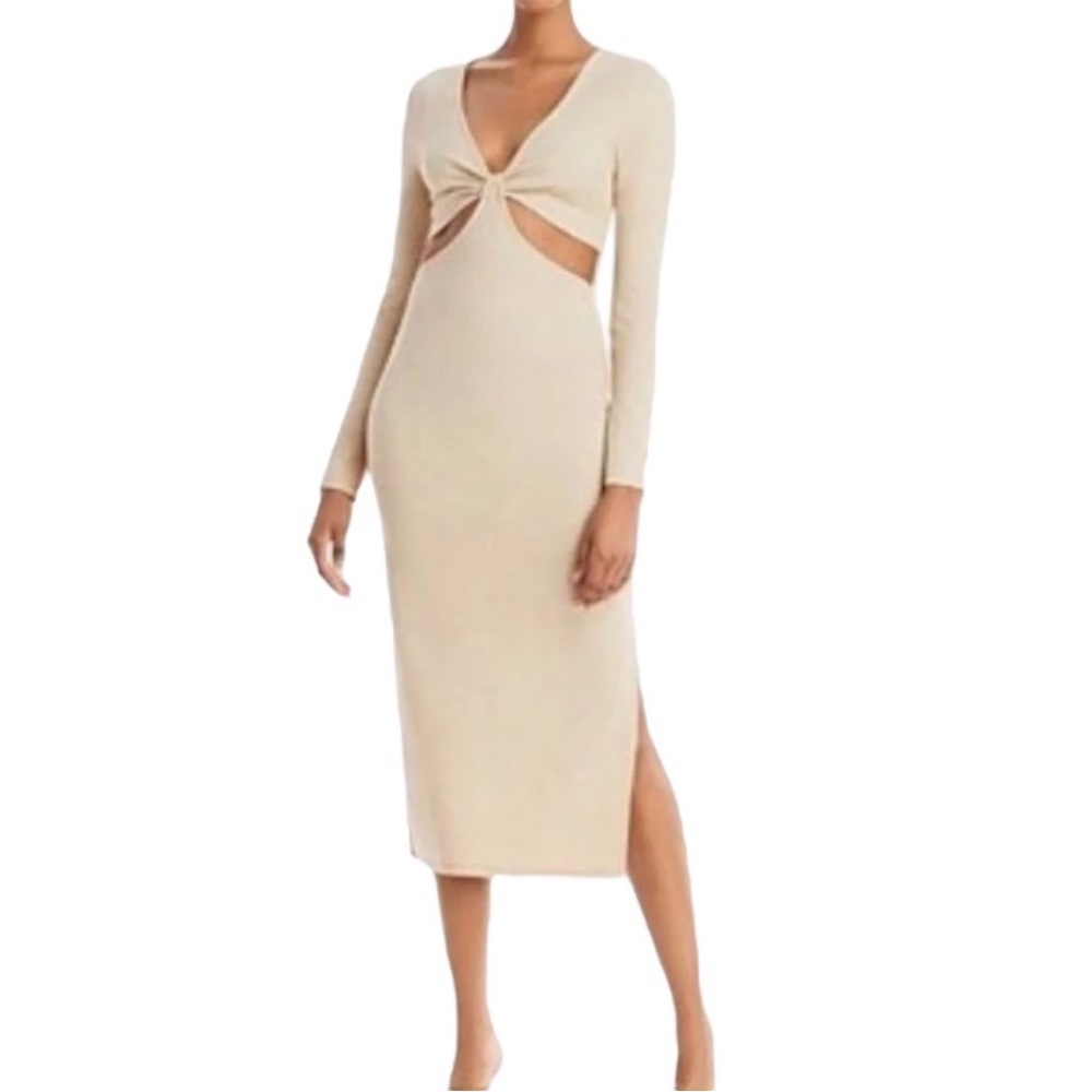Tan Ribbed Bodycon Dress with Plunge Neckline